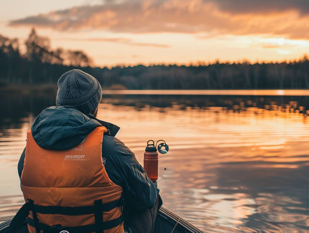 Angler wearing a life jacket using a hook remover tool with a first aid kit nearby