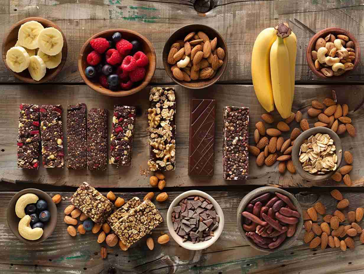 A colorful array of energyboosting snacks laid out on a rustic wooden table including trail mix granola bars bananas and nuts