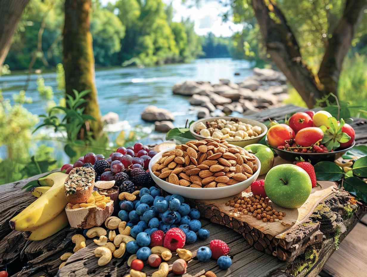 Colorful array of fresh fruits nuts and proteinrich snacks on a rustic wooden table with a serene river setting in the background