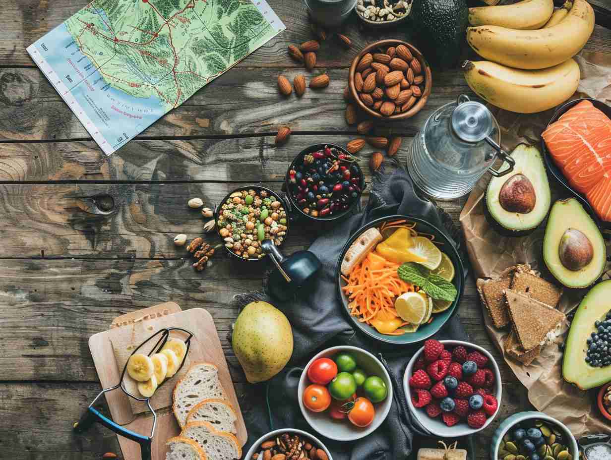 Fresh fruits, vegetables, nuts, and protein sources spread out on a wooden table next to a water bottle and a map of a river