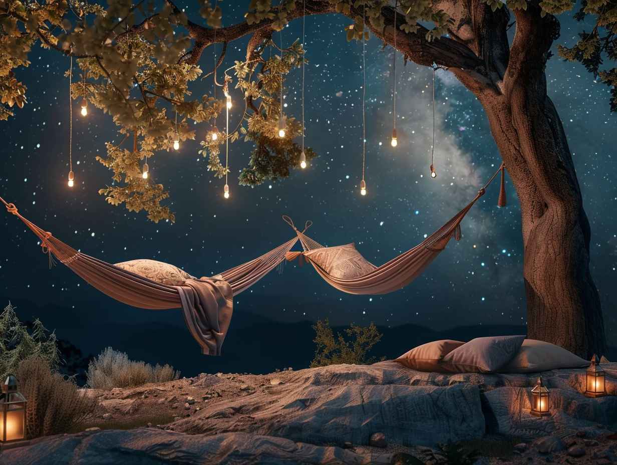 A serene outdoor setting under the stars with hammocks, hanging cots, and suspended tents for alternative sleeping options