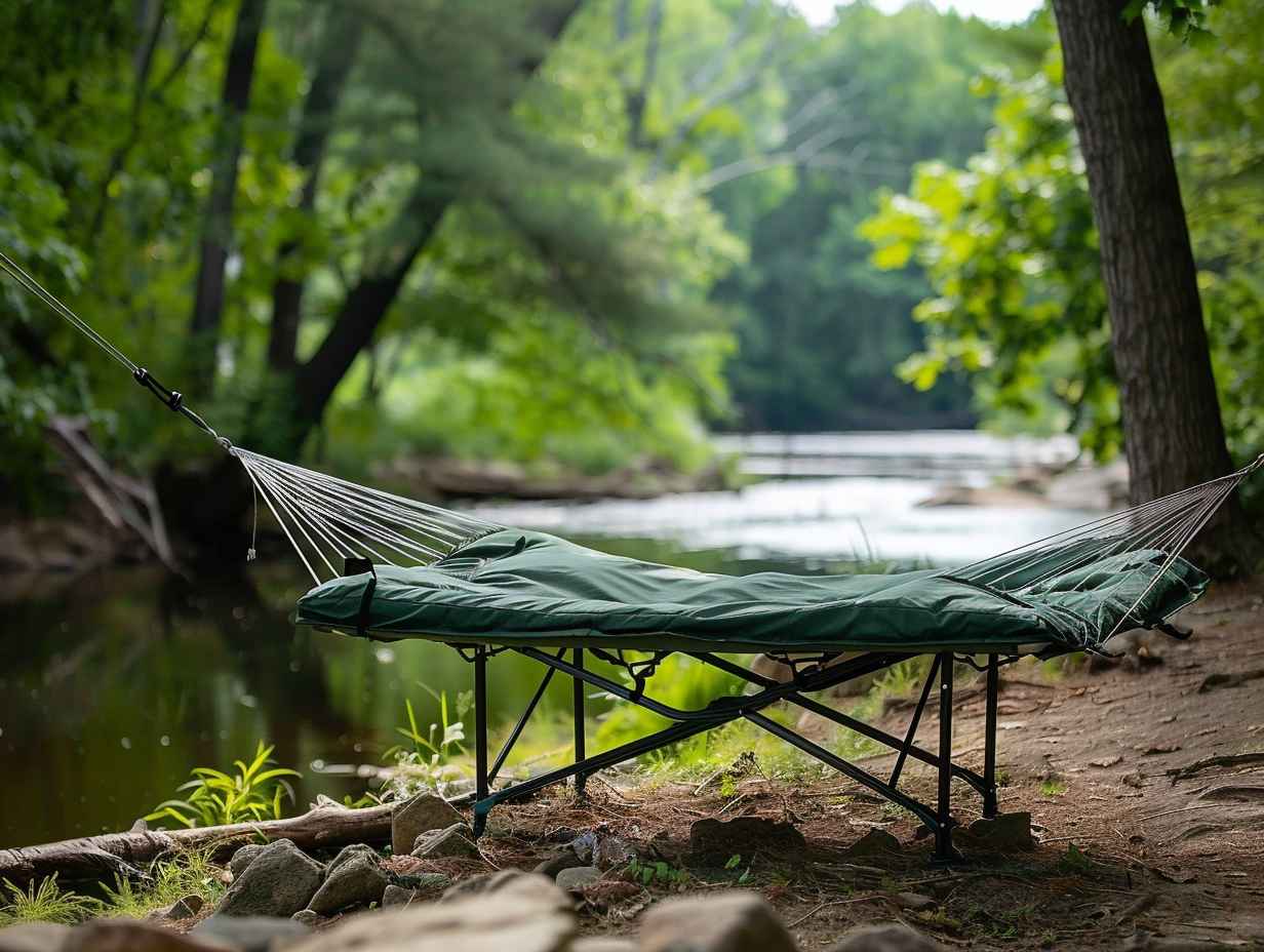 A serene outdoor scene with a portable cot and hammock set up next to each other