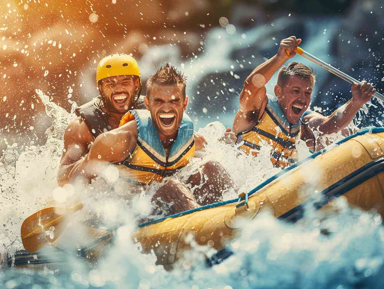 A group of people laughing and smiling as they navigate through rushing white water rapids on a raft, expressing joy and excitement.