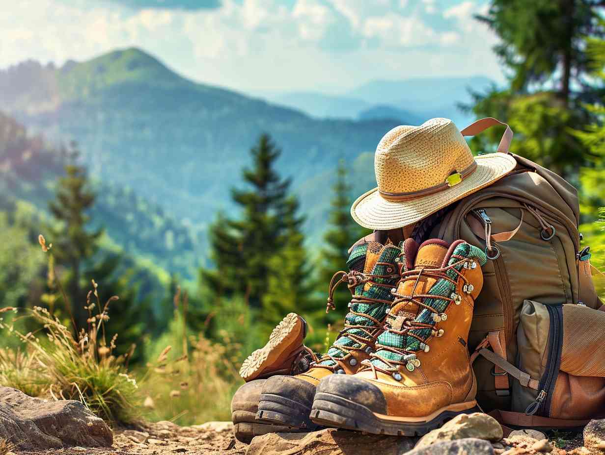 Sturdy hiking boots, backpack, hat, and weatherproof jacket on a mountain trail with vibrant green trees and a clear blue sky