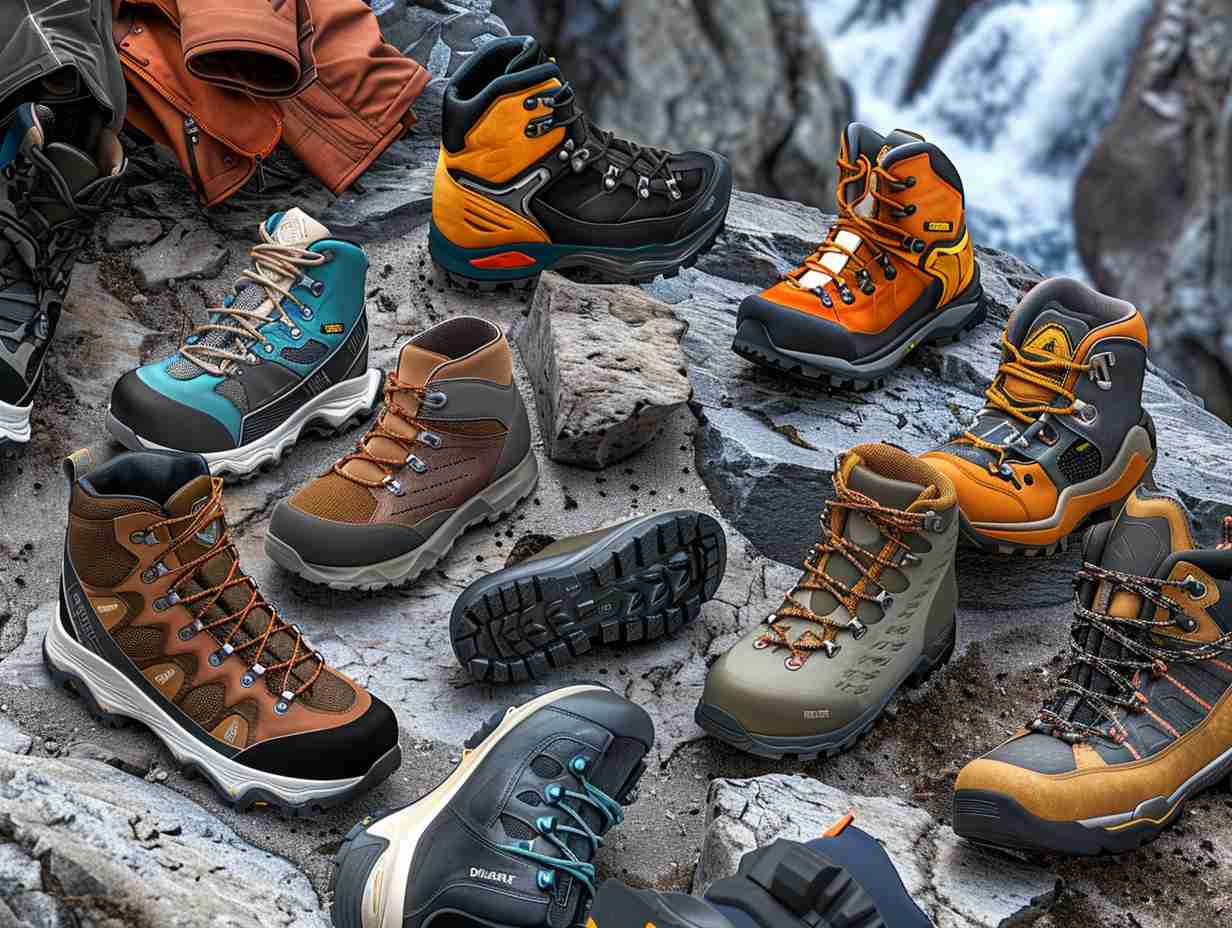 A variety of hiking boots and clothing options displayed on a rocky trail showcasing different styles materials and colors