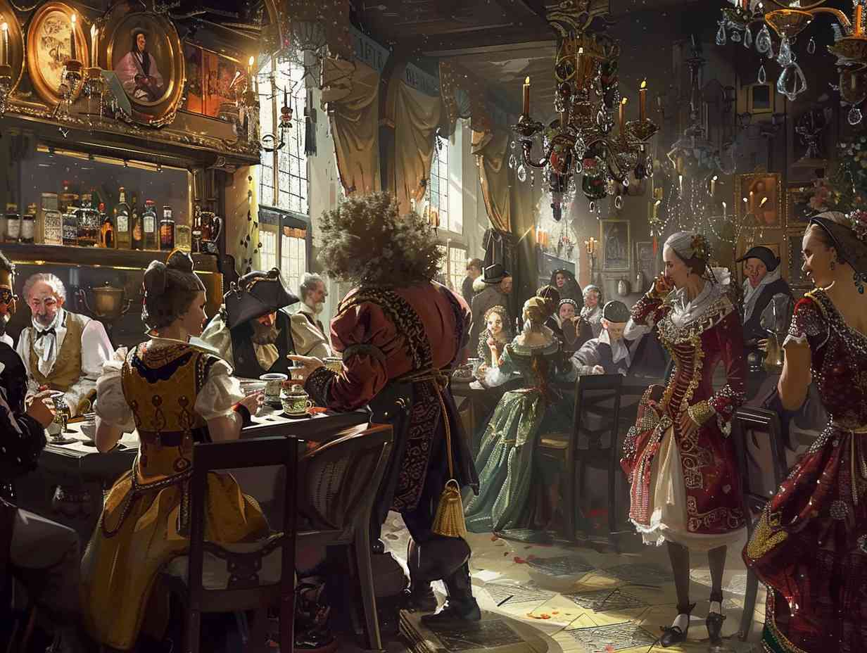 A bustling 17th century coffeehouse filled with men in elaborate wigs and women in ornate dresses engaged in lively discussion and sipping coffee from delicate porcelain cups