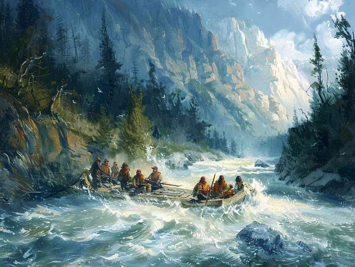 Group of people navigating a rough river on a wooden raft surrounded by dense forest and steep cliffs