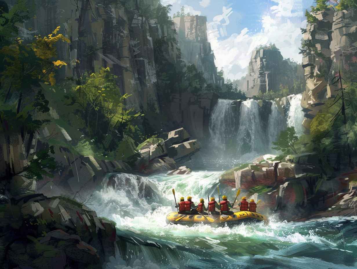 Group of thrillseekers navigating through turbulent white water rapids with modern rafts and safety gear surrounded by towering cliffs and dense forest