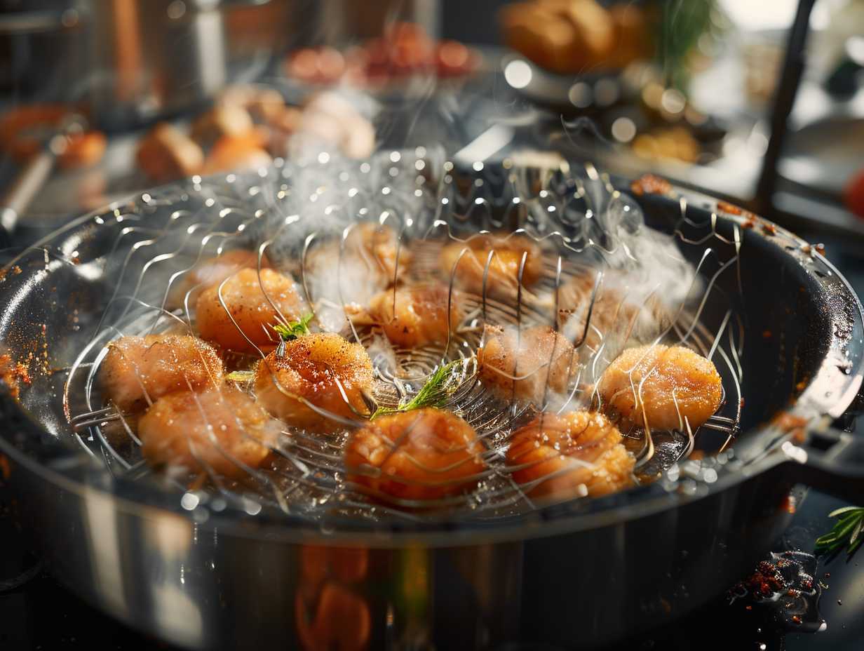 A photo of an air fryer in action, with food sizzling inside a basket and a minimal amount of oil, showcasing its innovative technology for crispy and delicious results with minimal oil consumption.