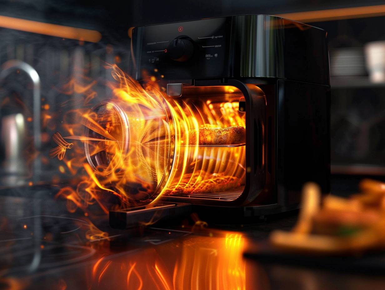 An illustration depicting the inner mechanics of an air fryer, showing hot air circulating around food, a powerful fan, and a heating element working together to achieve a crispy, golden texture.