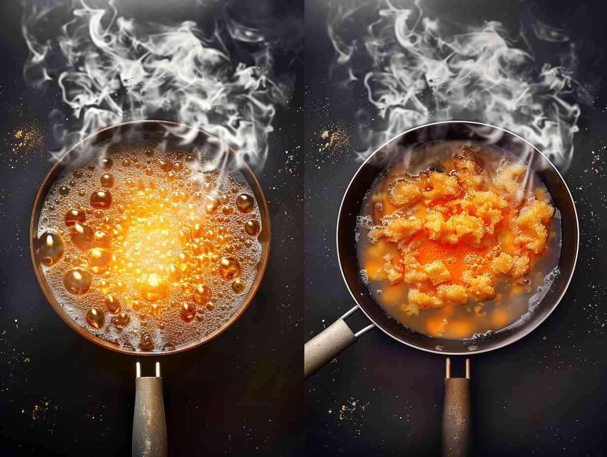 Comparison of traditional frying with bubbling oil and air frying with hot air circulating around the food