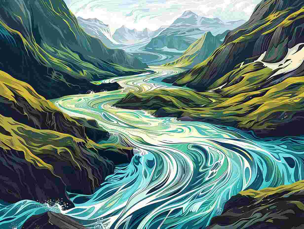 A scenic view of a river flowing through a mountainous landscape with swirling patterns of water carving its way through the terrain