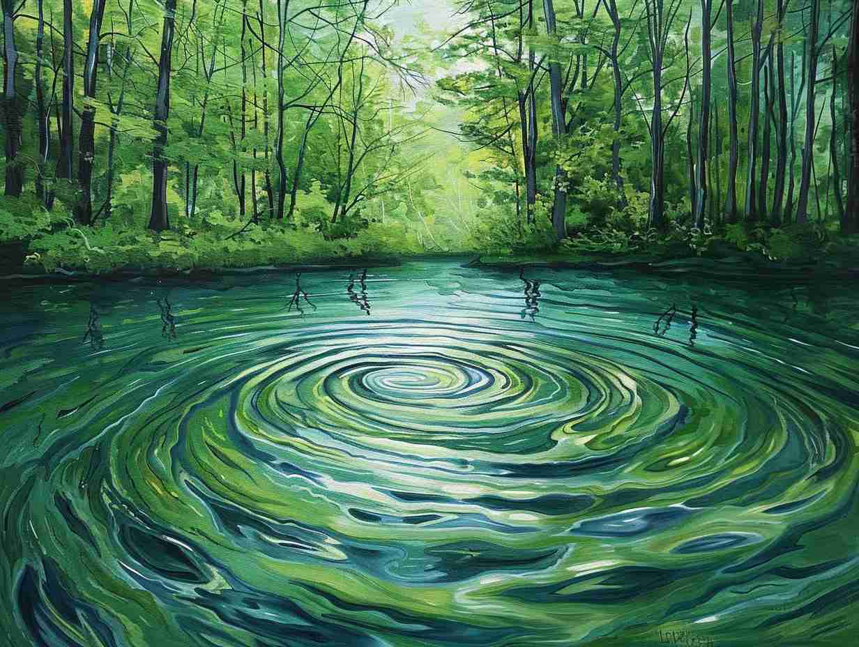 Serene river flowing through lush green forest with gentle ripples and swirling eddies in the water