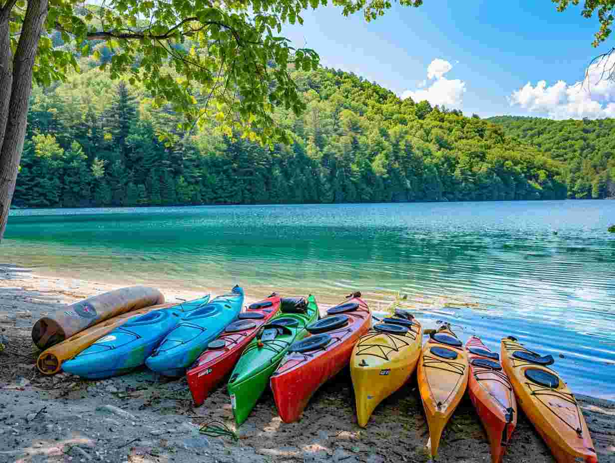 Colorful array of kayaks, life jackets, and paddles neatly displayed on a sandy beach next to a sparkling blue lake under a clear sky