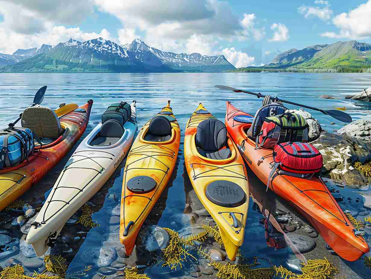 A variety of kayak models including recreational touring and fishing kayaks along with paddles life jackets and other water sports gear against a scenic waterfront backdrop