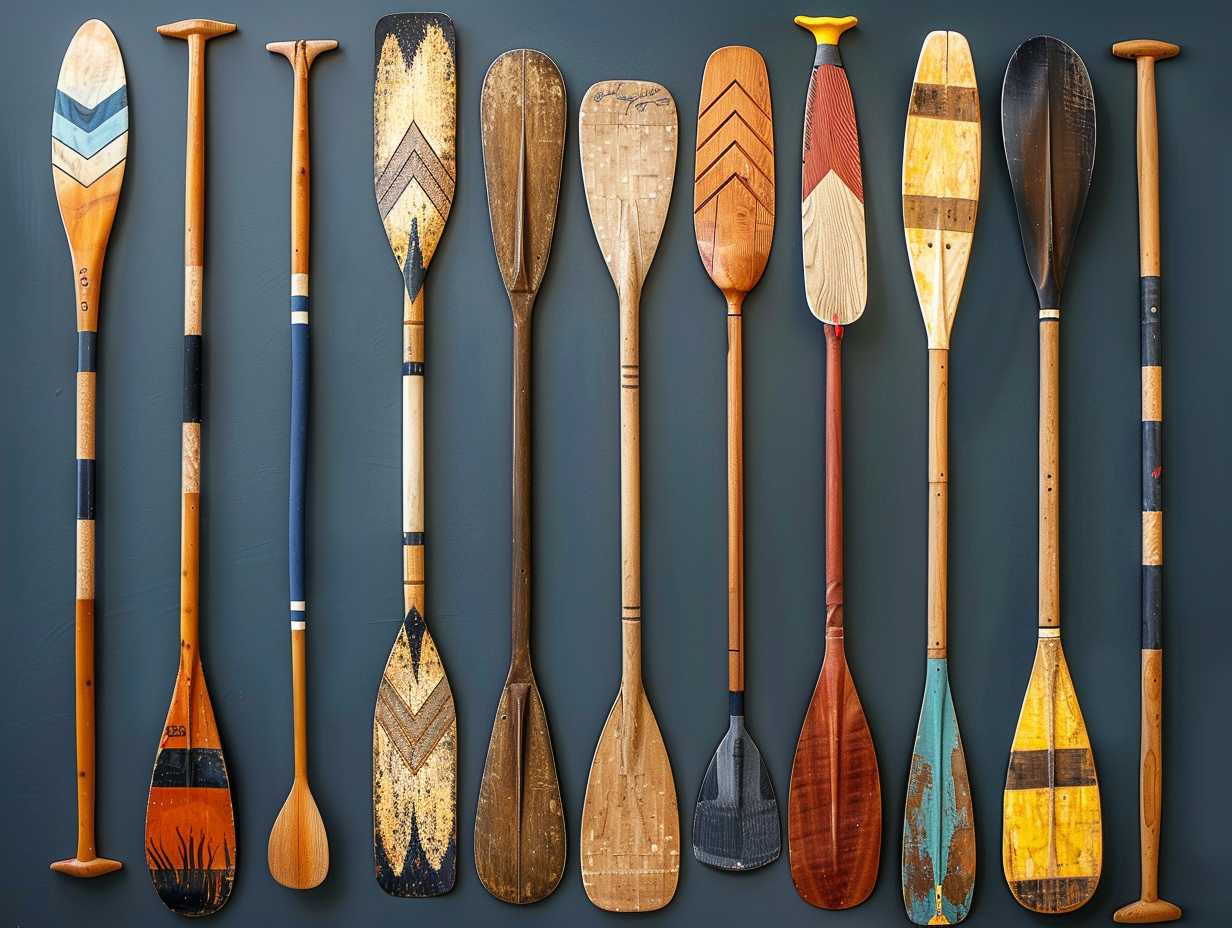 A variety of paddles and water sports equipment including different designs materials and sizes