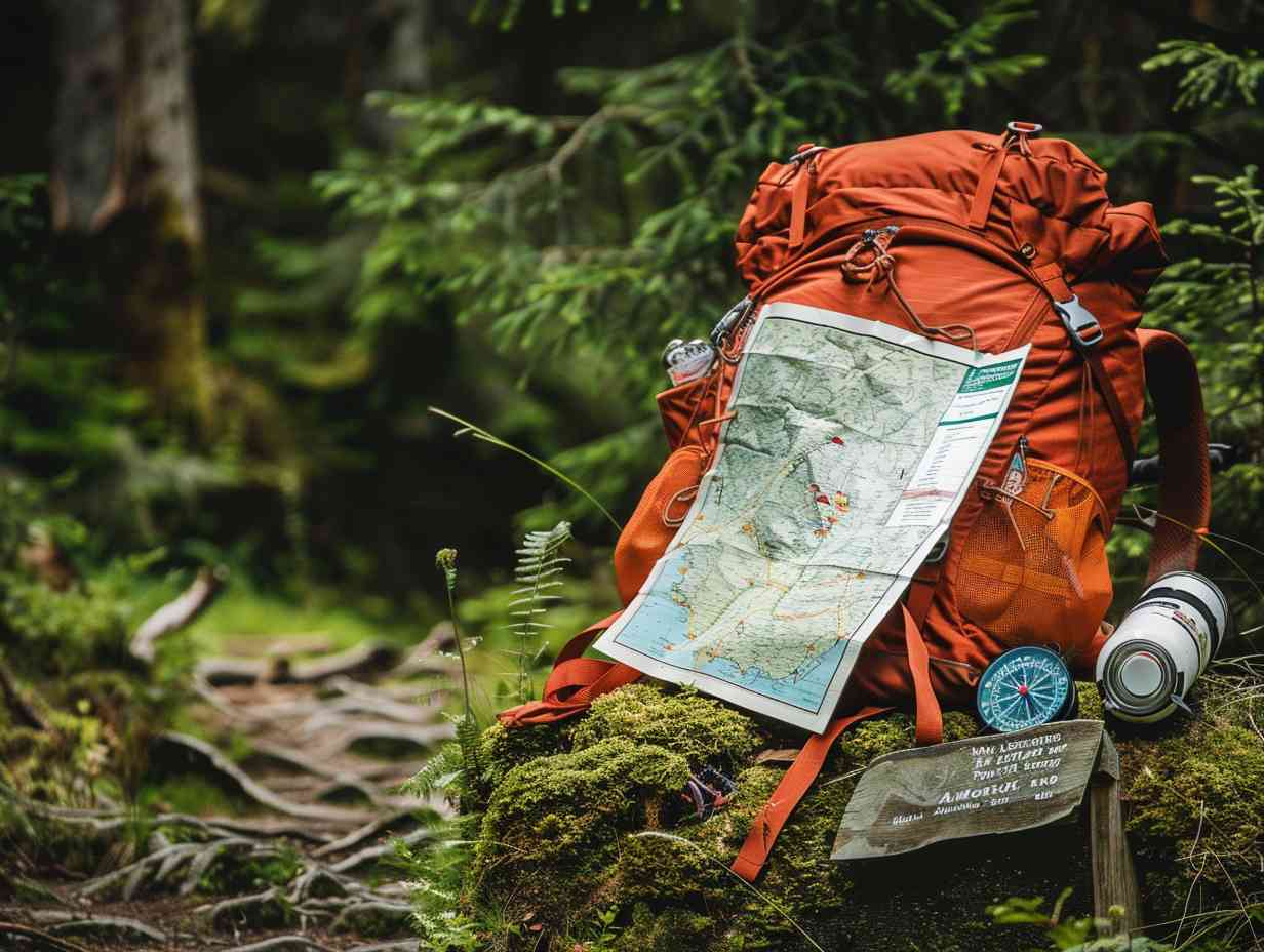 A backpack filled with essentials like a map compass and first aid kit beside a trail sign with weather conditions and hiking guidelines