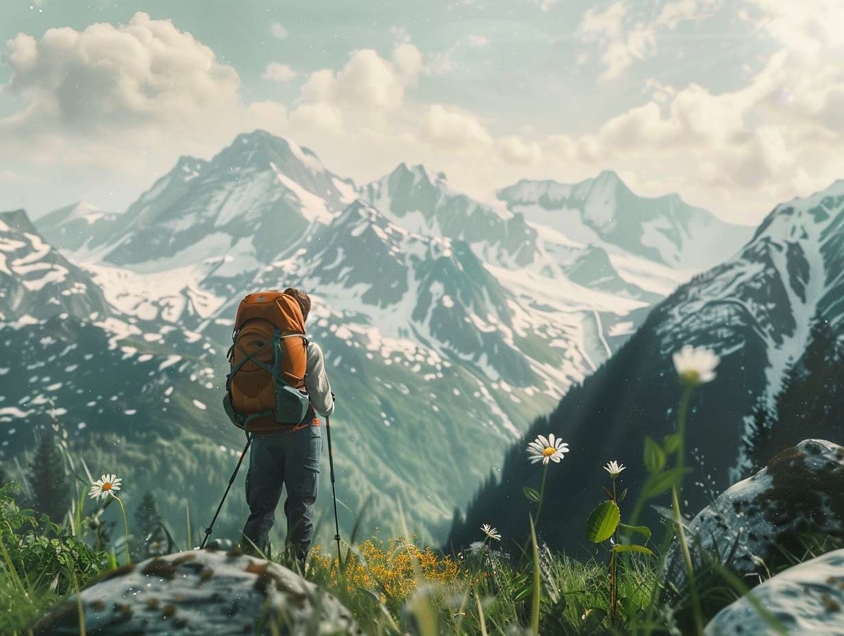 Hiker admiring a delicate wildflower in a pristine natural landscape