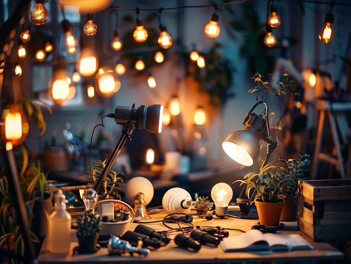 A variety of lighting and illumination tools such as LED bulbs, flashlights, desk lamps, and string lights in a well-lit room setting with contrasting shadows.