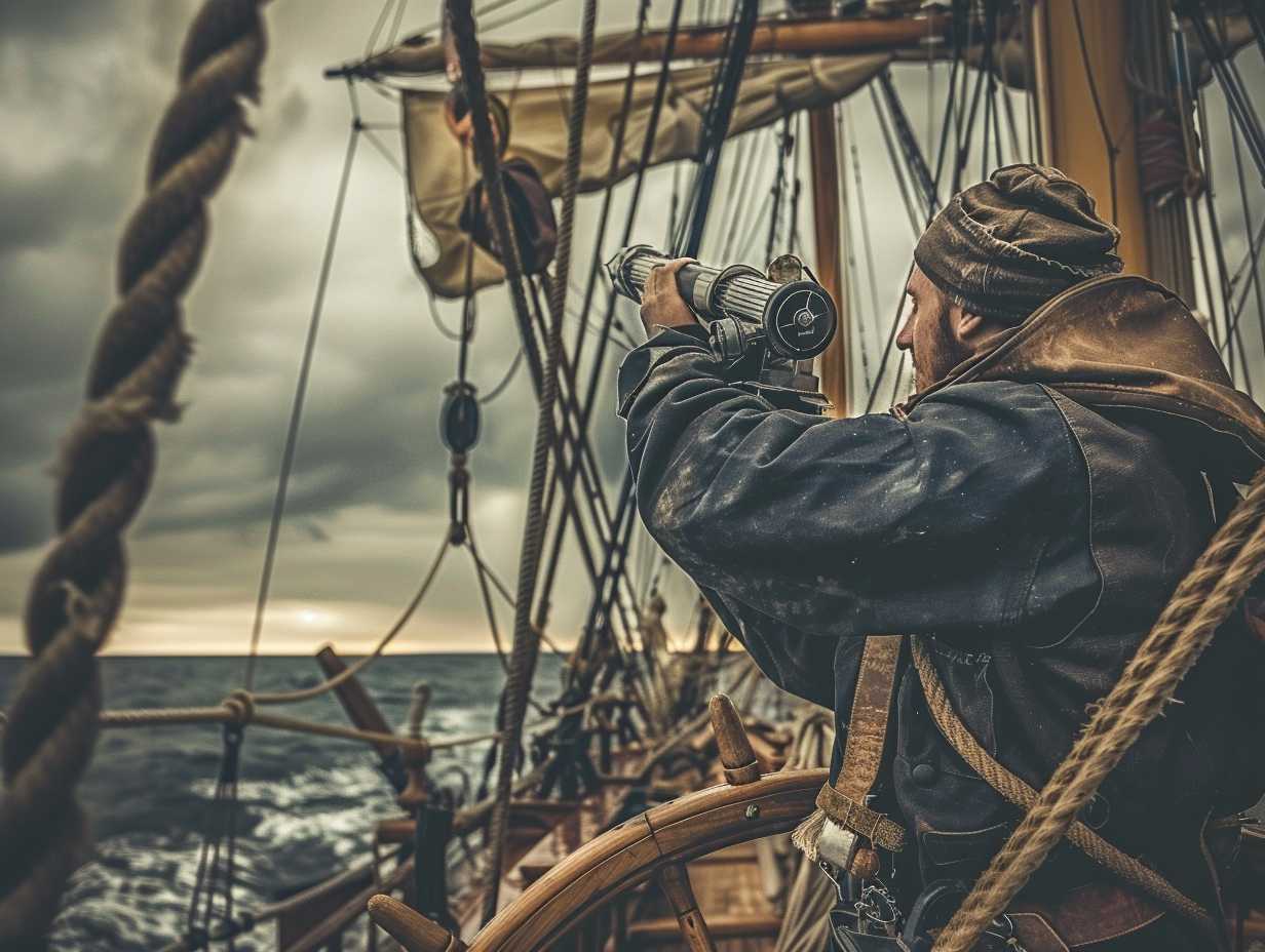 Sailor using a sextant and compass aboard a ship to calculate position for Dead Reckoning navigation