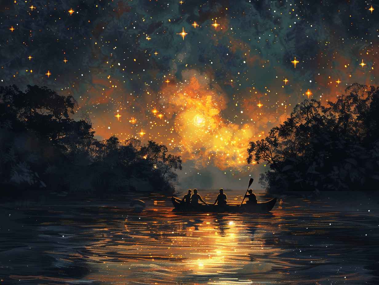 Group of people navigating through dark, illuminated waters on a raft under a star-filled sky, with moon and star reflections on the calm river surface