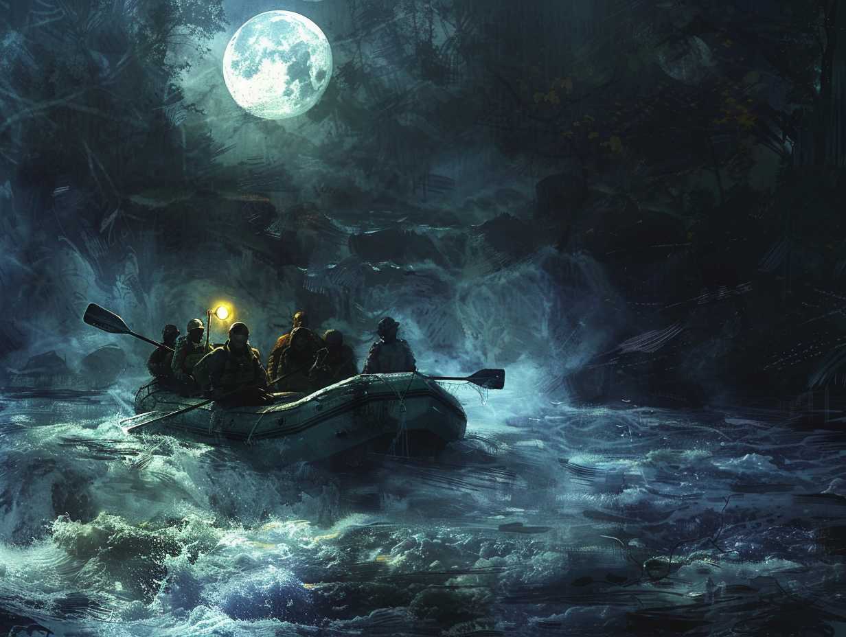 A group of people in a raft navigating through rushing rapids in a dark river with the glow of headlamps and the moon reflecting off the water