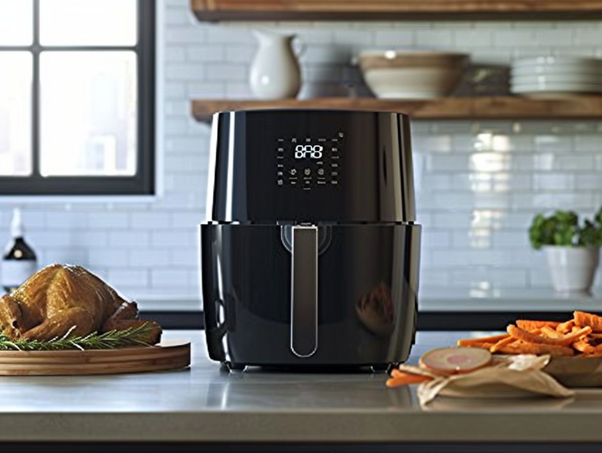 A sleek and modern oil-less air fryer with a digital touch screen display, adjustable temperature and timer controls, spacious cooking capacity, and a transparent viewing window for monitoring food while it crisps to perfection.