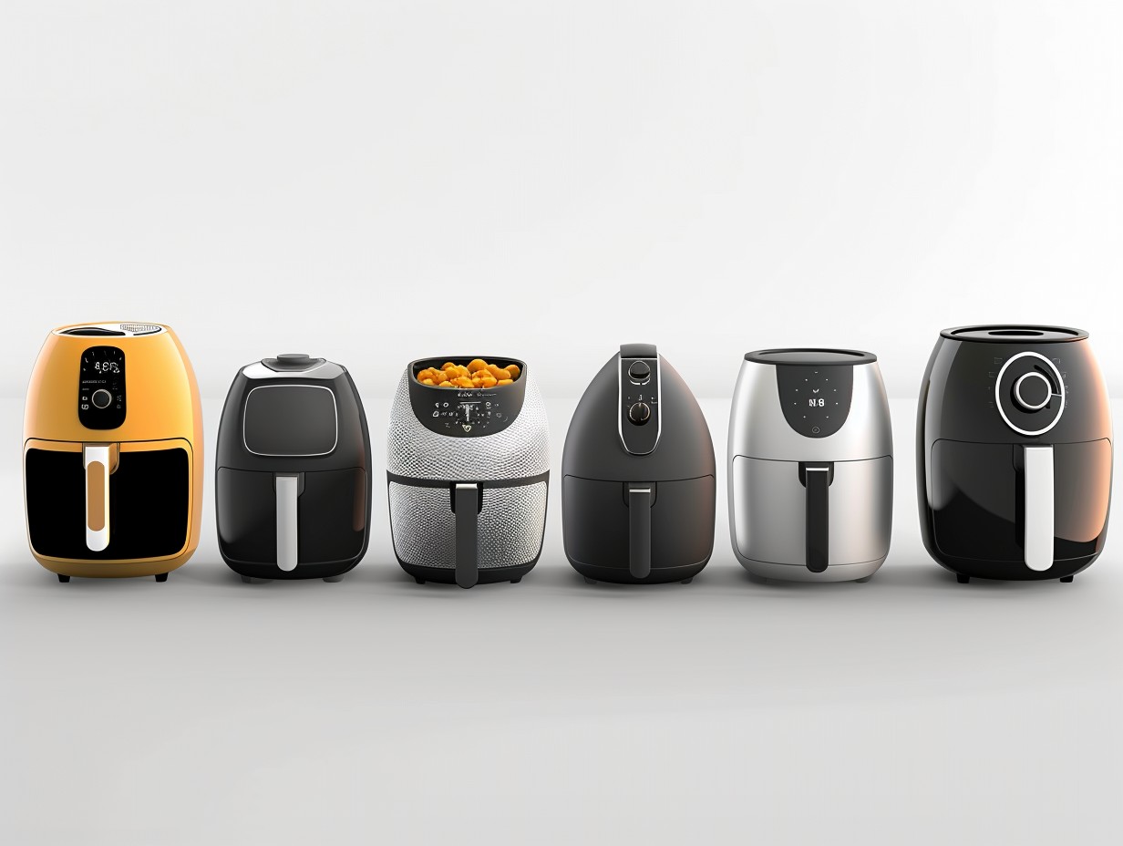 A lineup of various oil-less air fryers with distinct shapes, sizes, and designs for comparison and selection.