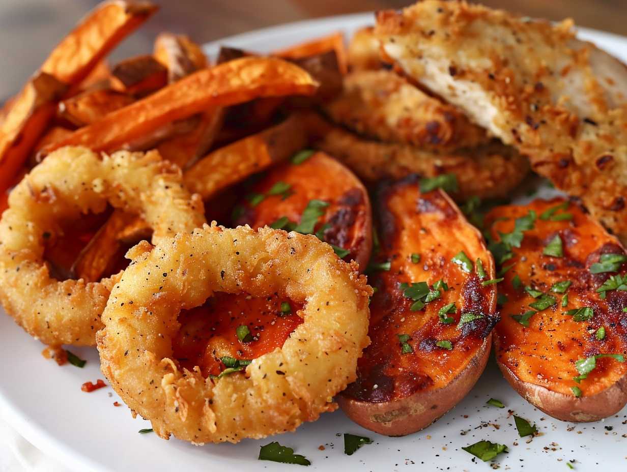 A golden-brown batch of crispy onion rings, juicy chicken tenders, and perfectly roasted sweet potato fries cooked in an oven-style air fryer.