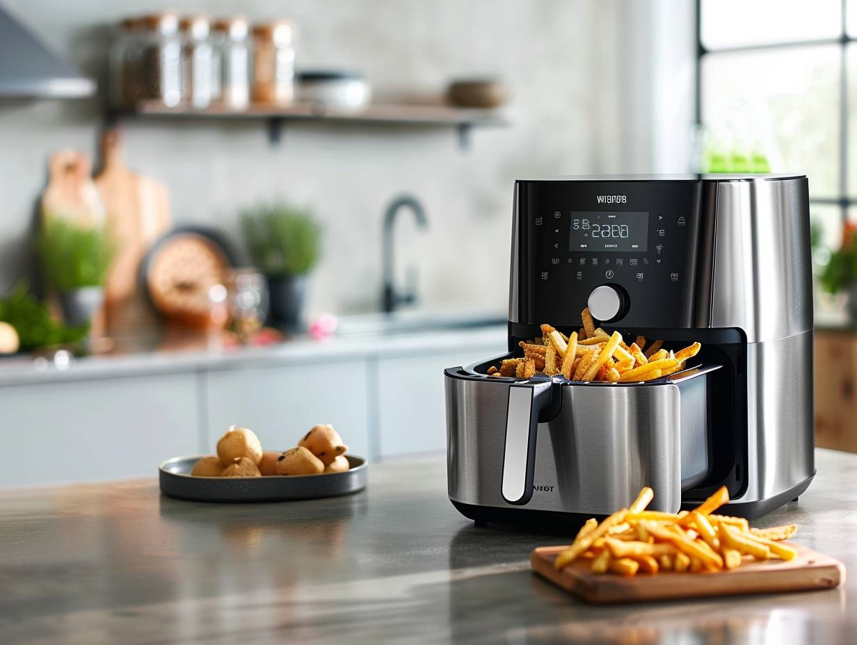 A sleek stainless steel oven-style air fryer with digital display and golden-brown crispy fries emerging from within.