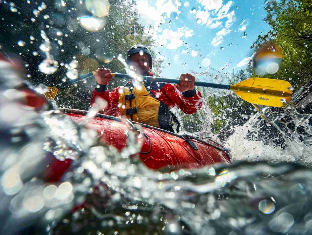 Closeup shot of paddlers navigating through intense rapids on the water