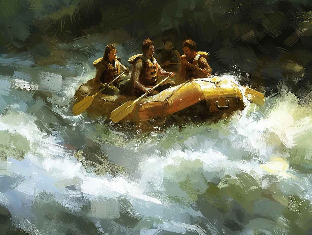 A group of people on a raft navigating through a rushing river with the water splashing and creating dynamic movement