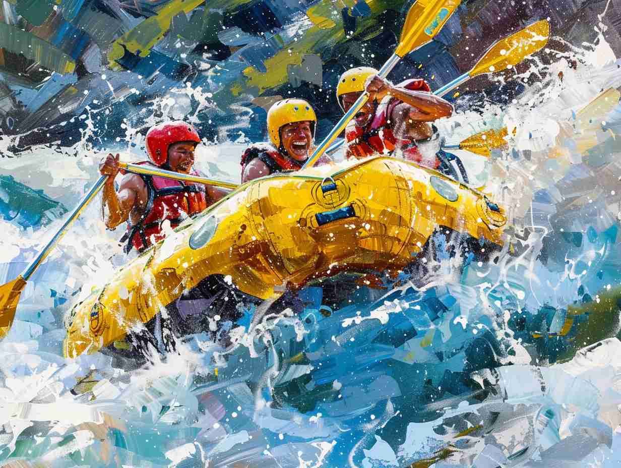 A group of people navigating a series of rapid turns and splashing waves while white water rafting.