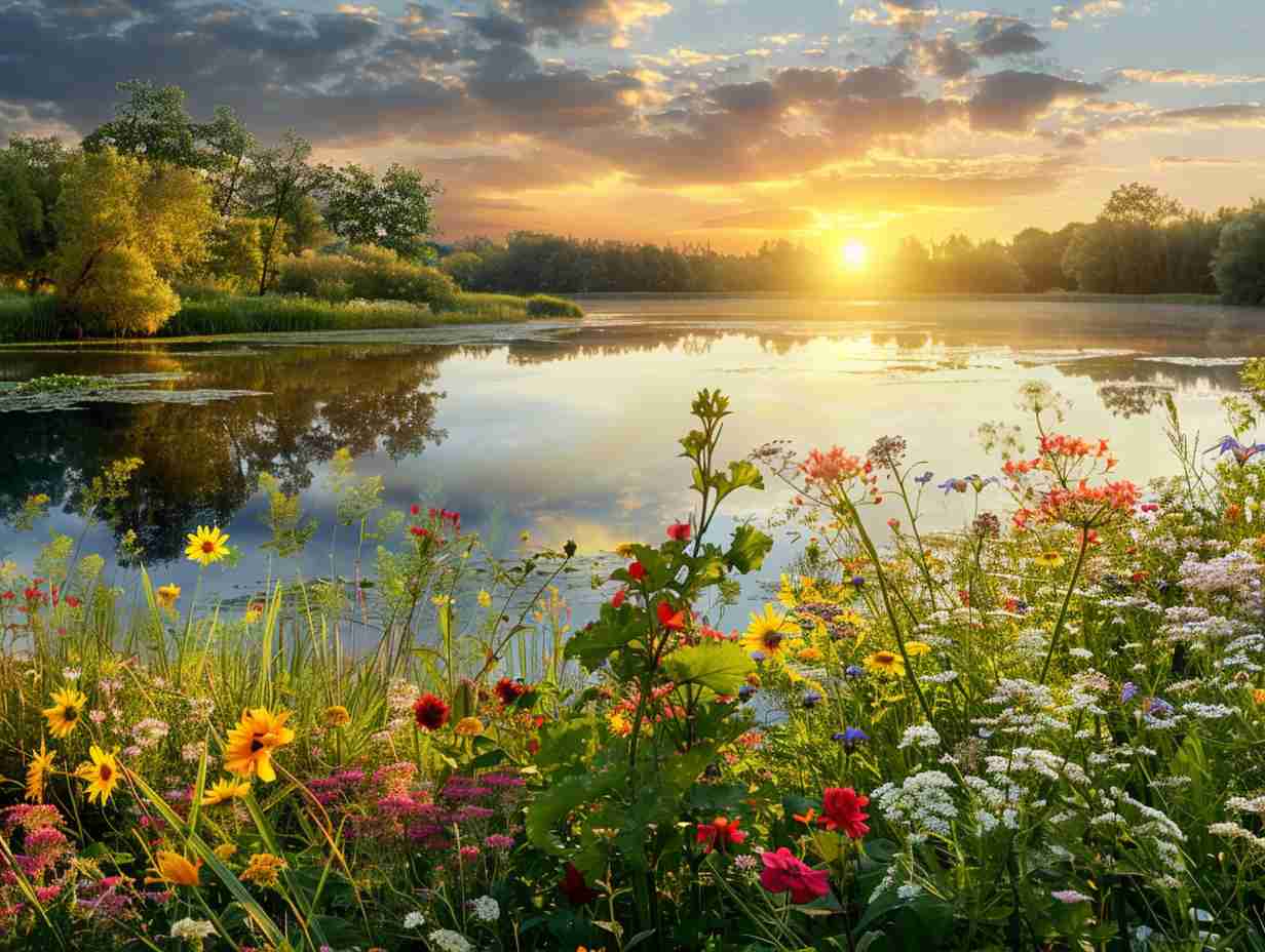 A serene landscape with a vibrant sunrise reflecting on a calm lake surrounded by lush green forests and colorful wildflowers