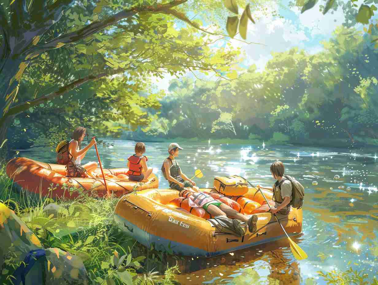 A group of people inflating rafts on a sunny riverbank, surrounded by paddles, life jackets, and camping gear, with sparkling water and a bright sun.