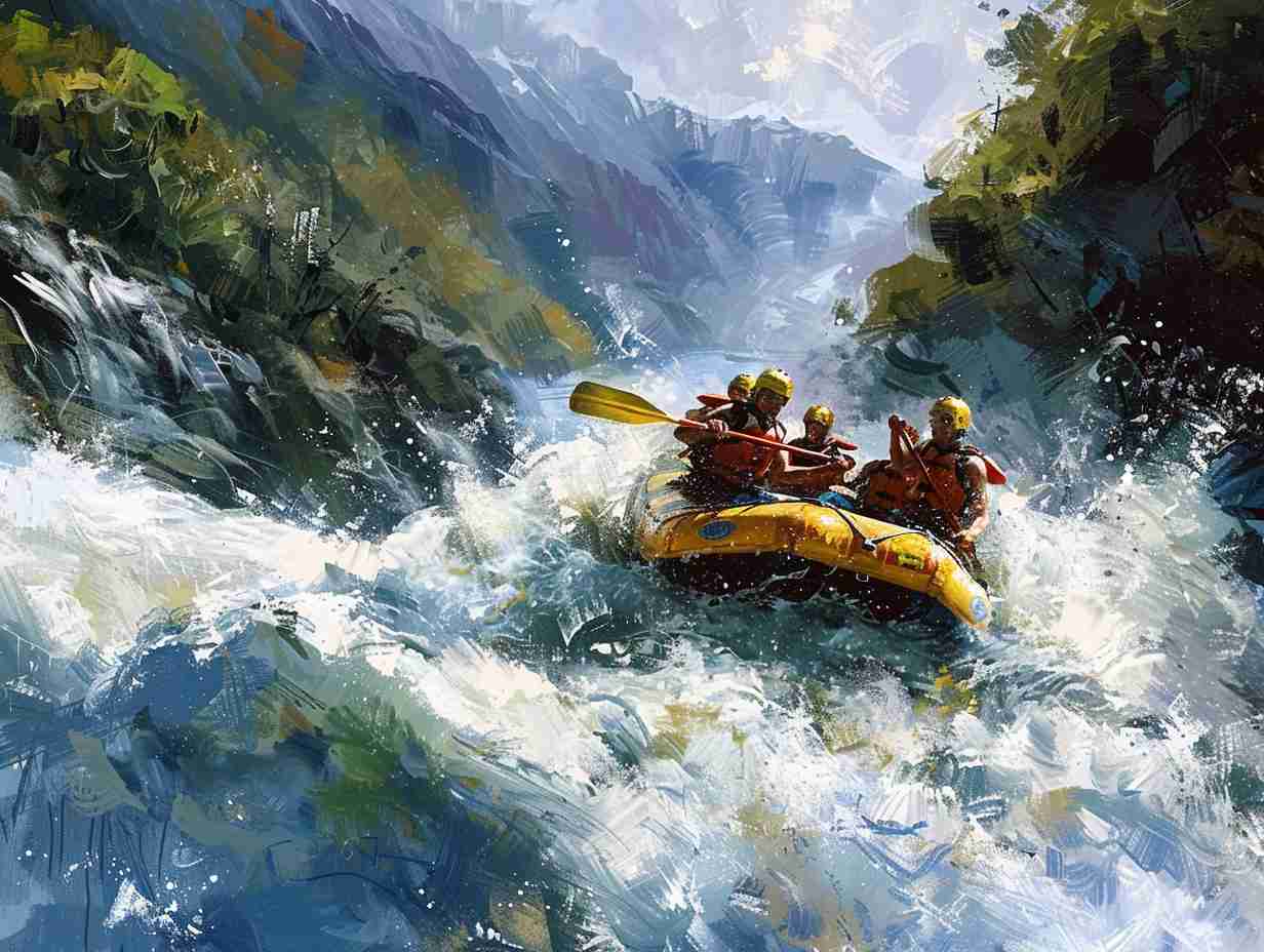 A group of rafters navigating through turbulent rapids with towering cliffs and lush vegetation lining the river banks showcasing intense teamwork and exhilaration