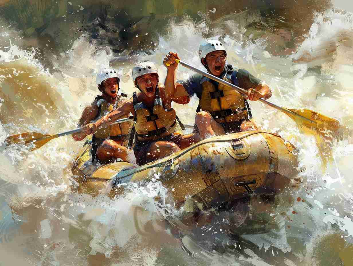 Group of rafters navigating through turbulent white water rapids their faces filled with excitement and adrenaline surrounded by dramatic splashes of water and rugged natural surroundings