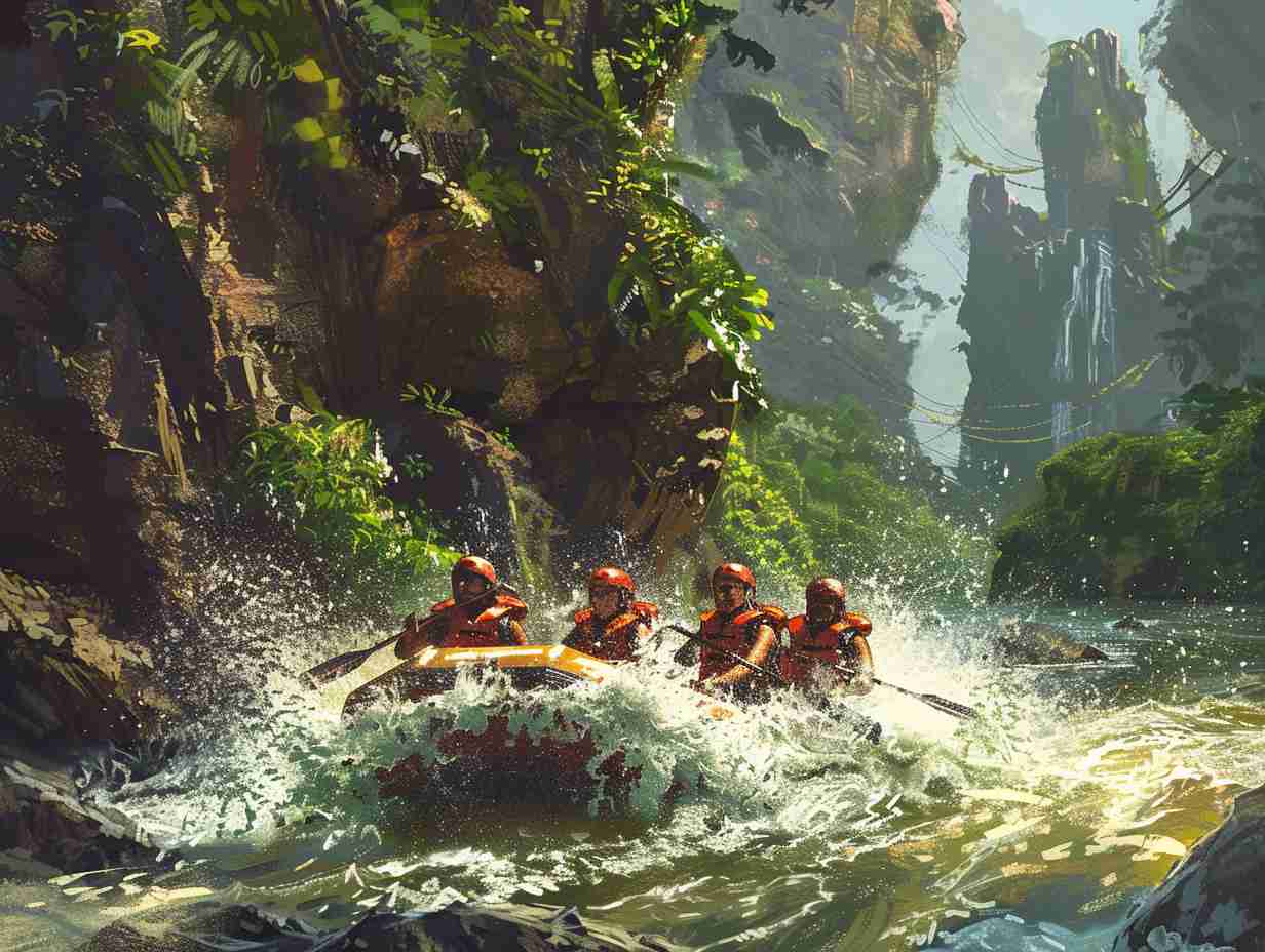 A group of people navigating through rough waters on a raft, surrounded by towering cliffs and lush greenery, with splashing water and determined expressions.