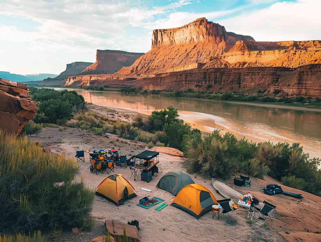 Group of campers setting up tents on a sandy riverbank with a neatly organized kitchen area nearby