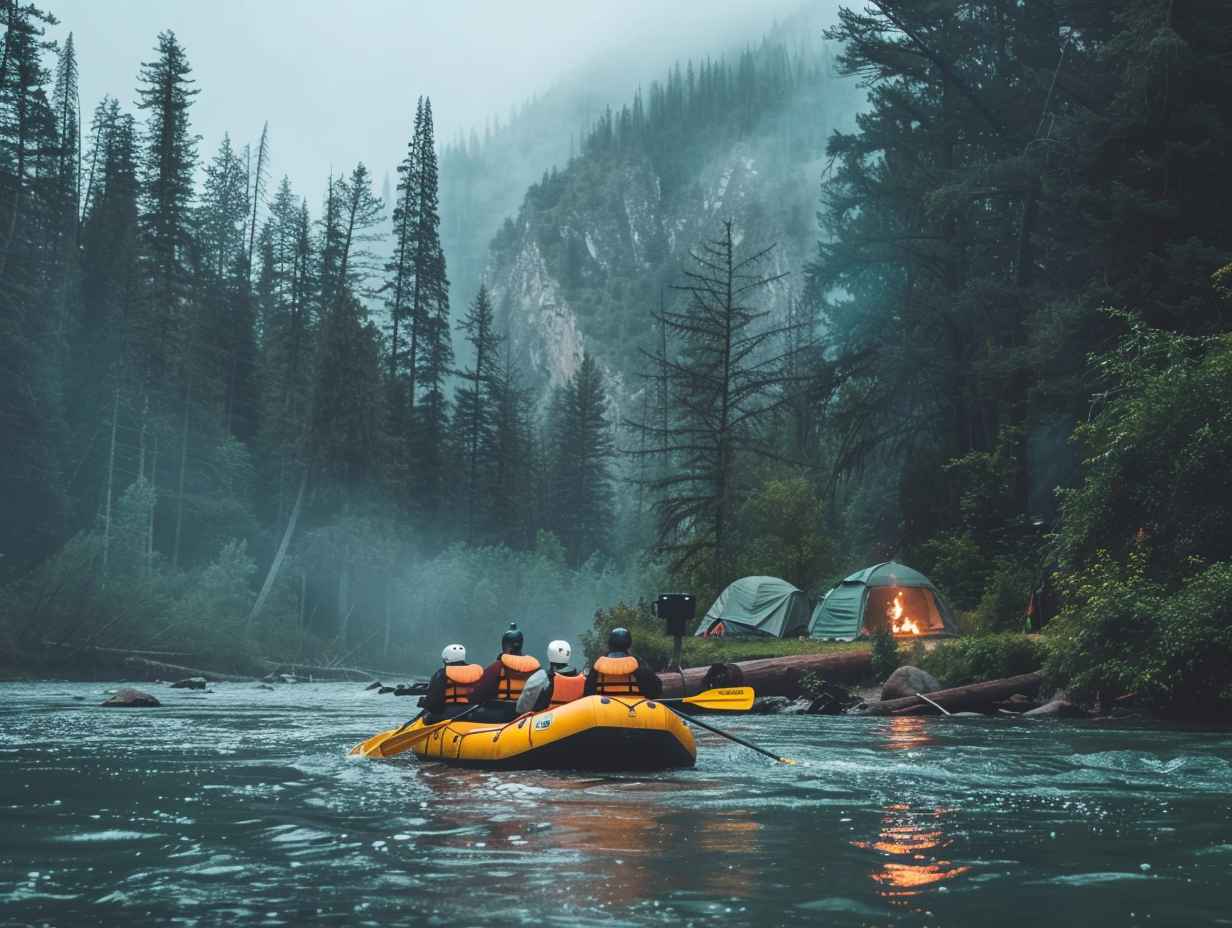 Group of people in life jackets paddling down a rushing river with tents and a campfire on the shore