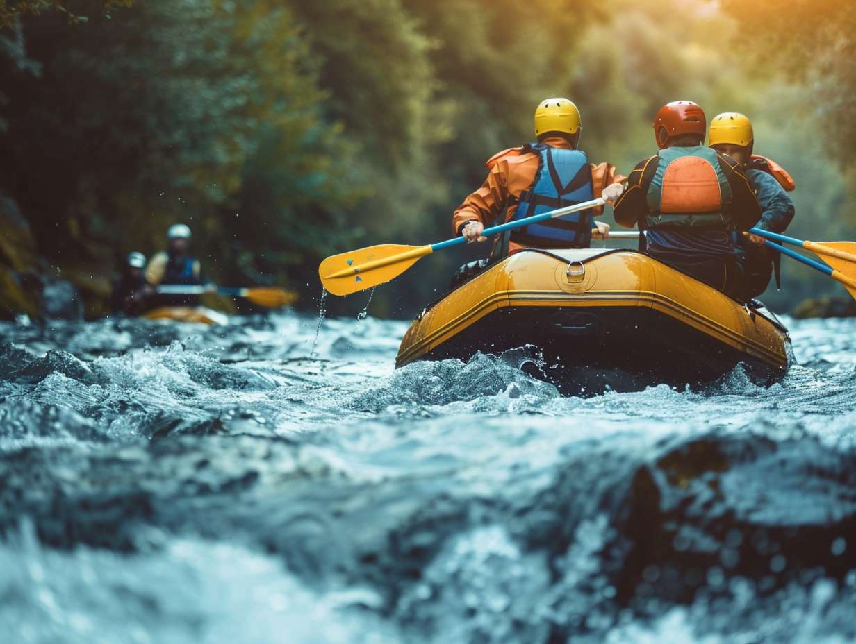 Group of rafters wearing helmets life jackets and paddles navigating through rough rapids on a river with clear communication and teamwork to emphasize safety