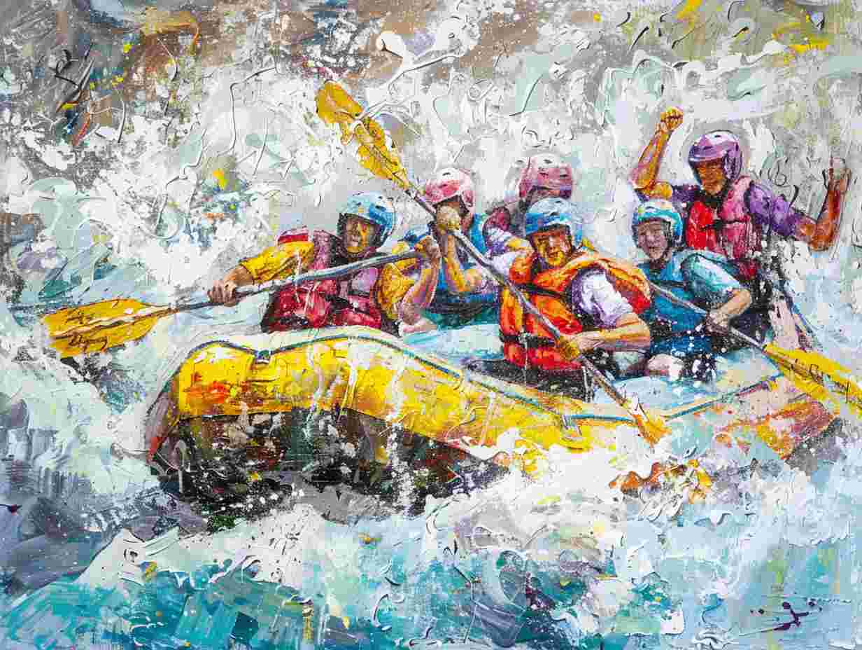 A group of people in colorful rafts navigating through rushing white water rapids, with cheering spectators on the riverbank. Excitement and competitive spirit is evident as the participants navigate the challenging rapids.