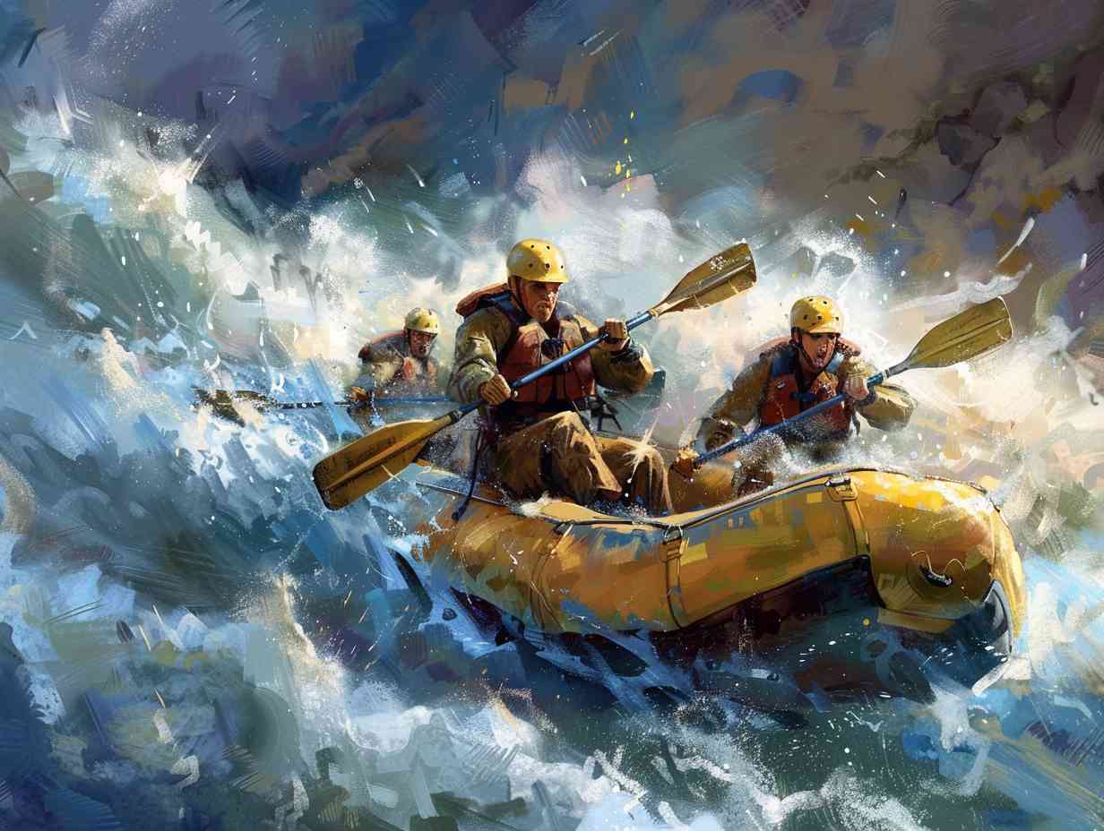 Group of rafters navigating through turbulent whitewater rapids with fierce determination and teamwork evident in their expressions and actions