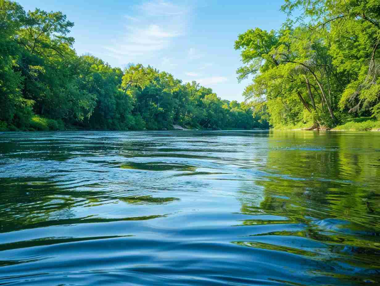 A serene river with gentle ripples lush green trees and clear blue sky