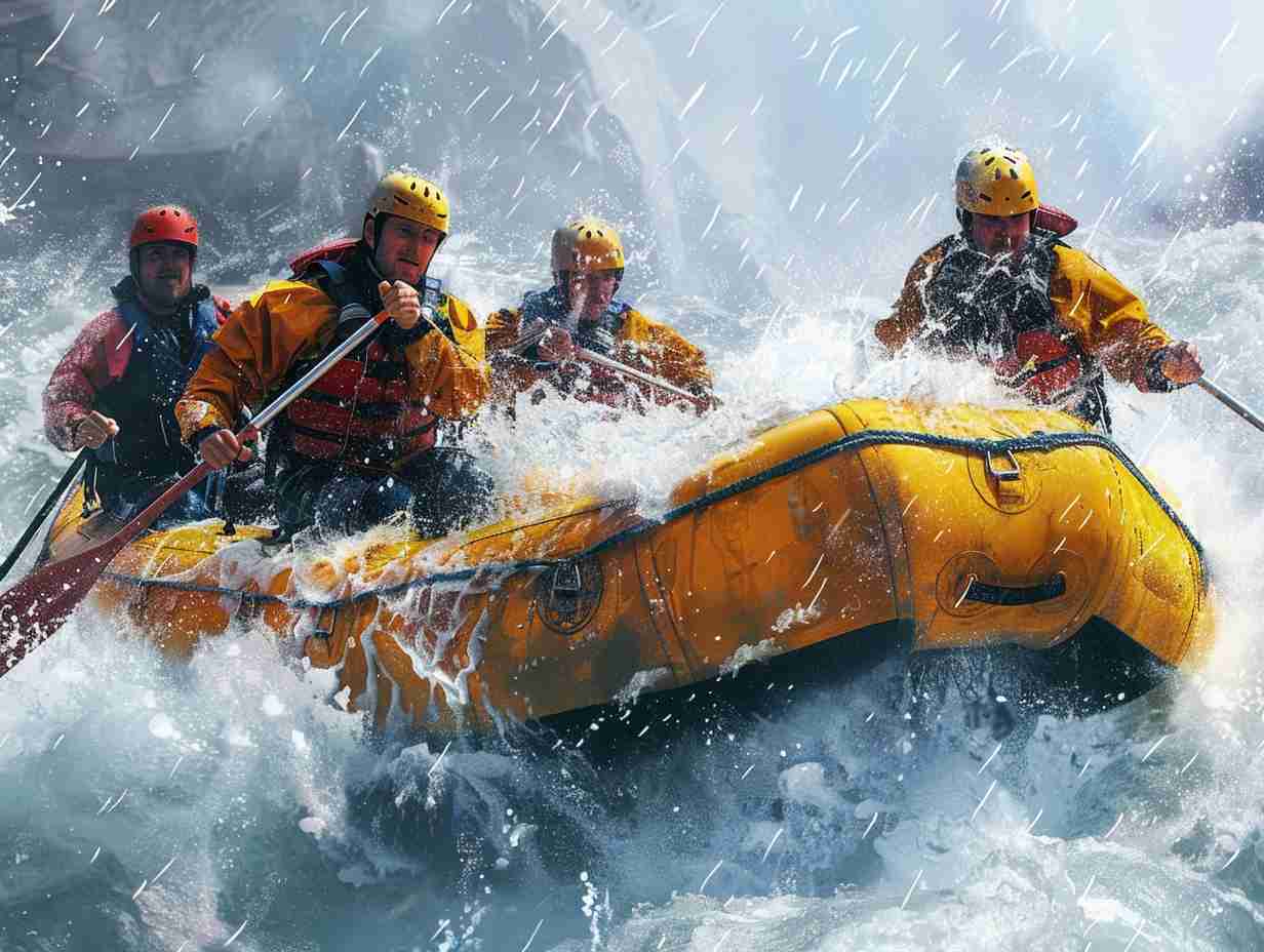 A group of skilled rafting guides navigating through rough waters with precision and teamwork showcasing their professional gear and communication skills