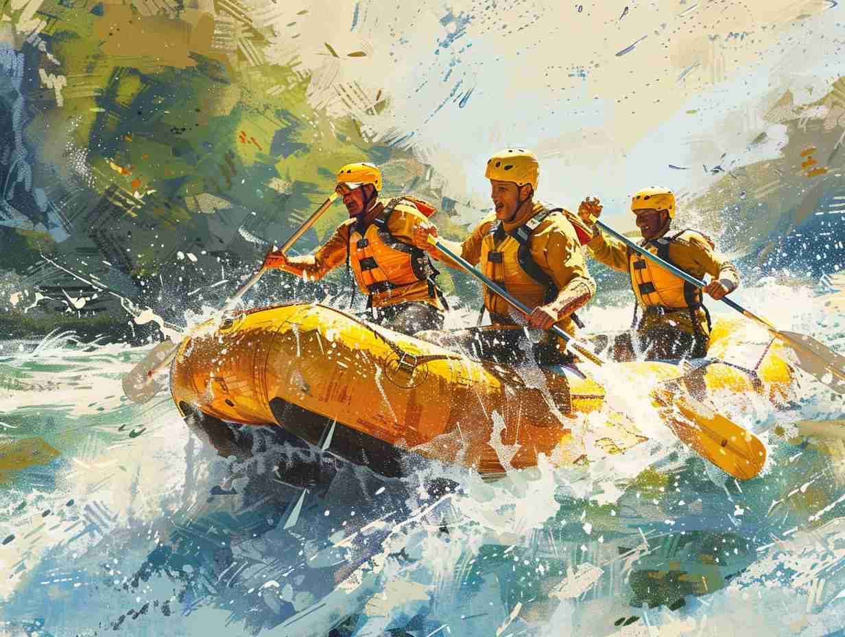 Group of rafting guides in uniform navigating a rushing river with teamwork and precision