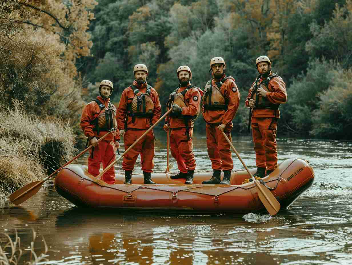 A group of confident and skilled rafting guides in uniform, holding paddles, standing beside a raft on a riverbank