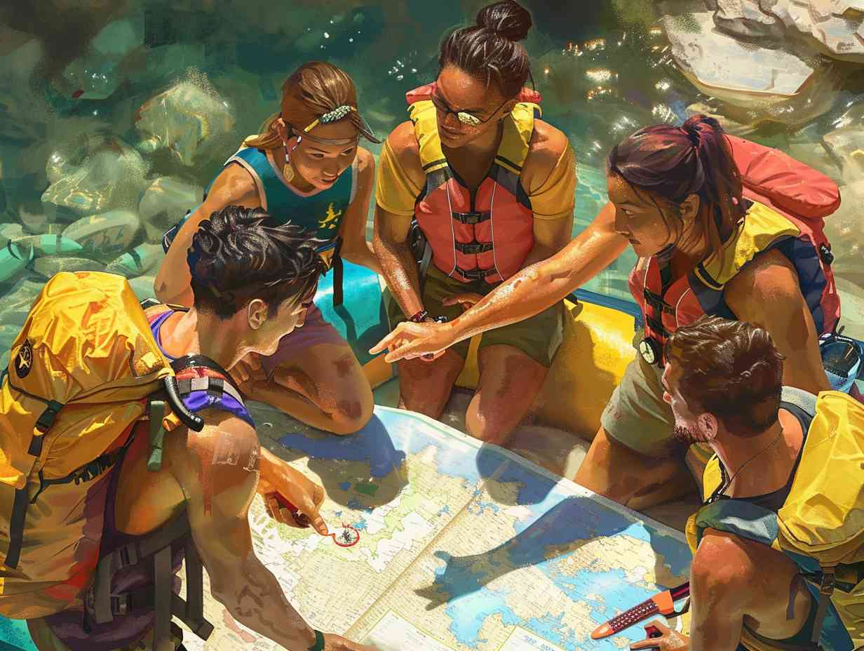 A group of people gathered around a map, pointing and discussing, with colorful rafting gear scattered around them, conveying excitement and anticipation for the upcoming adventure.