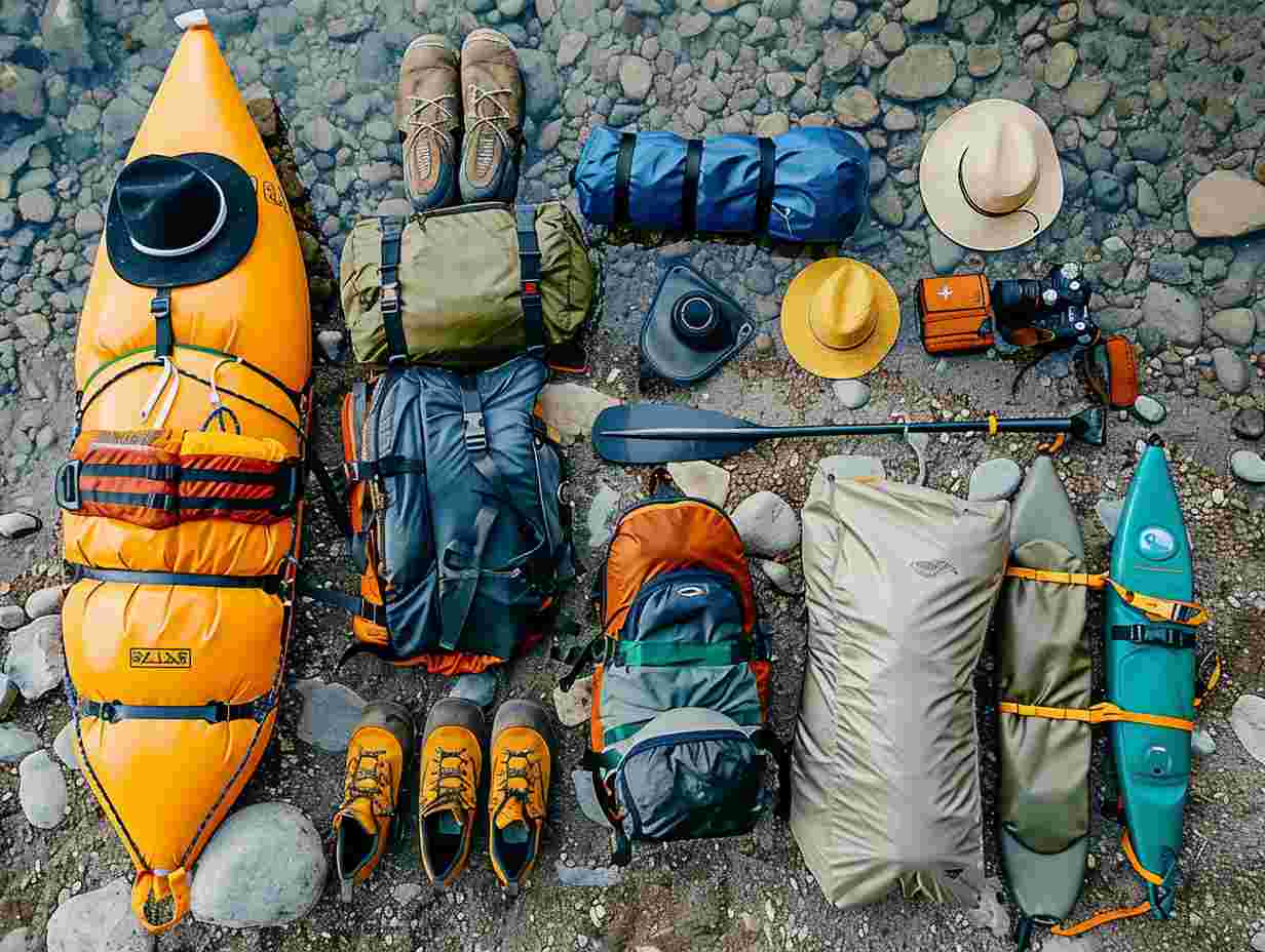 Checklist for essential gear for a rafting trip including life jackets paddles dry bags helmets waterproof camera sun hat and water shoes