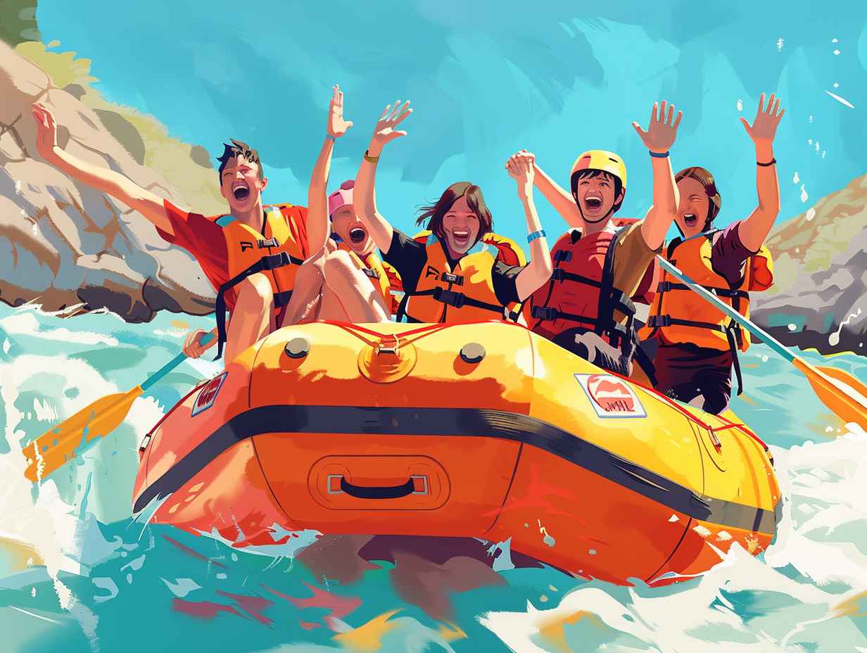 A group of friends laughing and highfiving as they navigate through rapids on a sunny river in colorful rafts with safety gear visible